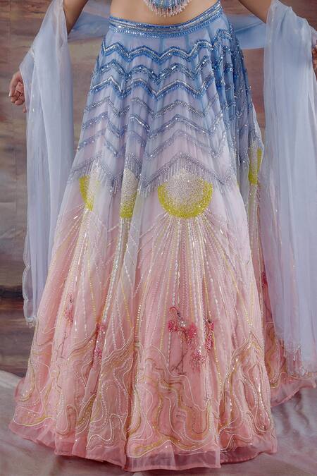 Buy Payal & Zinal Blue Organza Bird Sweetheart Neck Embroidered Lehenga Set Online at Aza Fashions Buy_Payal & Zinal_Blue Organza Bird Sweetheart Neck Embroidered Lehenga Set _Online_at_Aza_Fashions