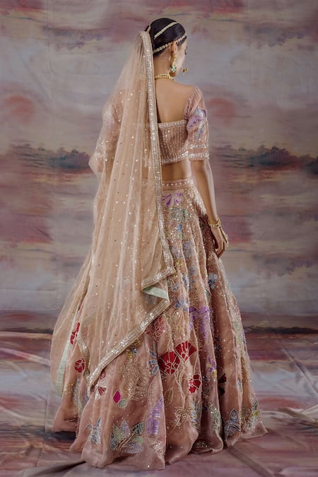 Shop_Payal & Zinal_Beige Organza Floral Square Neck Embroidered Bridal Lehenga Set _at_Aza_Fashions