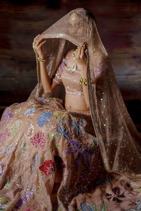 Payal & Zinal_Beige Organza Floral Square Neck Embroidered Bridal Lehenga Set _Online_at_Aza_Fashions