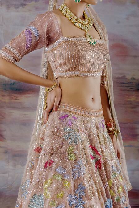 Buy_Payal & Zinal_Beige Organza Floral Square Neck Embroidered Bridal Lehenga Set _Online_at_Aza_Fashions