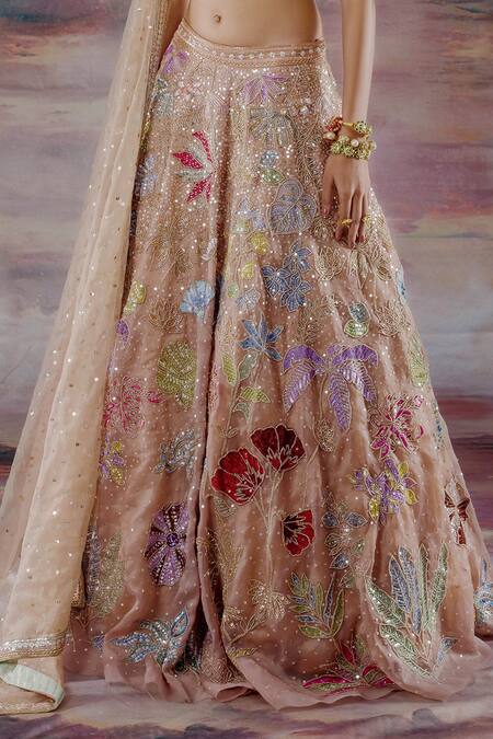 Shop_Payal & Zinal_Beige Organza Floral Square Neck Embroidered Bridal Lehenga Set _Online_at_Aza_Fashions