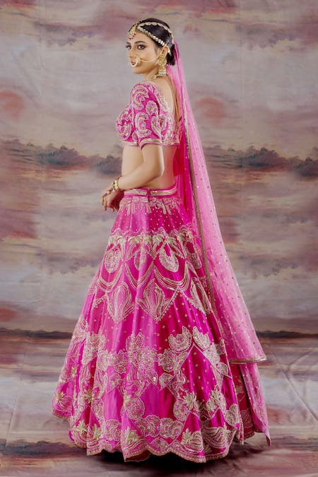 Shop_Payal & Zinal_Pink Net, Gajji Silk Floral V Neck Embroidered Bridal Lehenga Set _at_Aza_Fashions