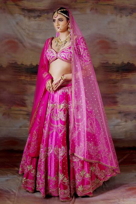 Payal & Zinal_Pink Net, Gajji Silk Floral V Neck Embroidered Bridal Lehenga Set _Online_at_Aza_Fashions