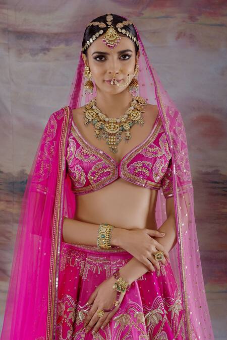 Buy_Payal & Zinal_Pink Net, Gajji Silk Floral V Neck Embroidered Bridal Lehenga Set _Online_at_Aza_Fashions