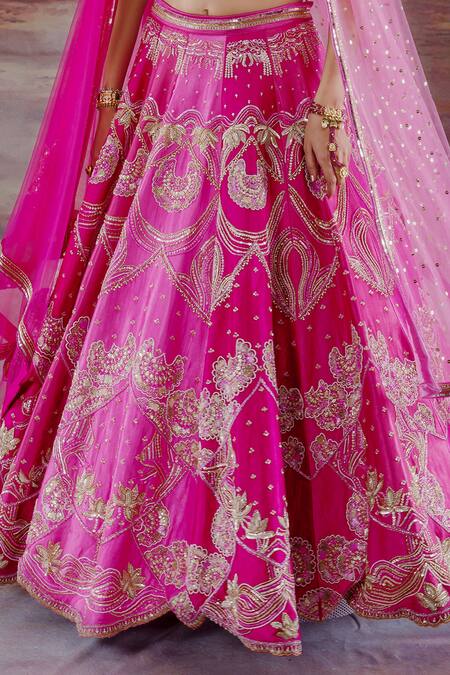 Shop Payal & Zinal Pink Net, Gajji Silk Floral V Neck Embroidered Bridal Lehenga Set Online at Aza Fashions Shop_Payal & Zinal_Pink Net, Gajji Silk Floral V Neck Embroidered Bridal Lehenga Set _Online_at_Aza_Fashions