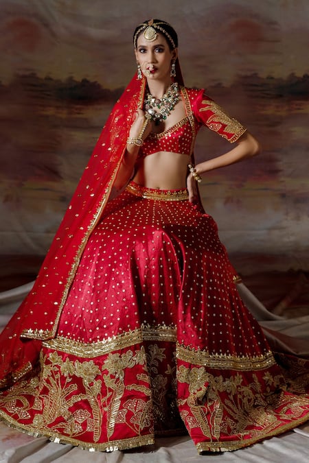 Payal & Zinal_Red Net, Gajji Silk Jungle V Neck Embroidered Bridal Lehenga Set _Online_at_Aza_Fashions
