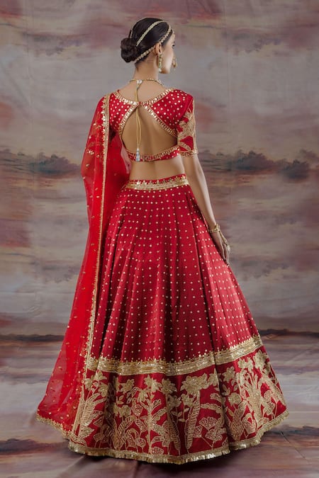 Shop_Payal & Zinal_Red Net, Gajji Silk Jungle V Neck Embroidered Bridal Lehenga Set _at_Aza_Fashions