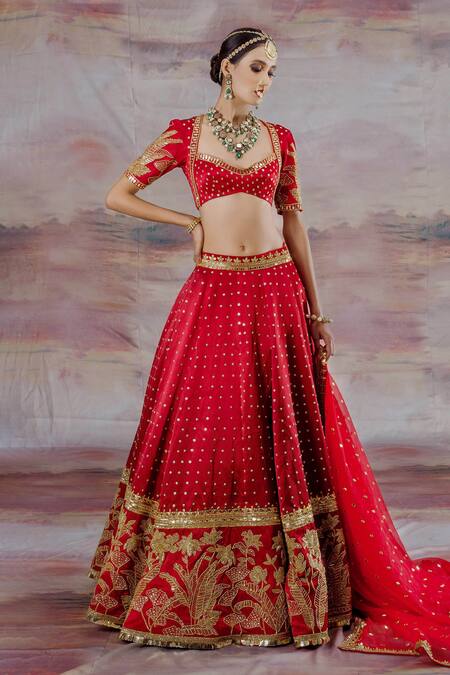 Buy_Payal & Zinal_Red Net, Gajji Silk Jungle V Neck Embroidered Bridal Lehenga Set _Online_at_Aza_Fashions