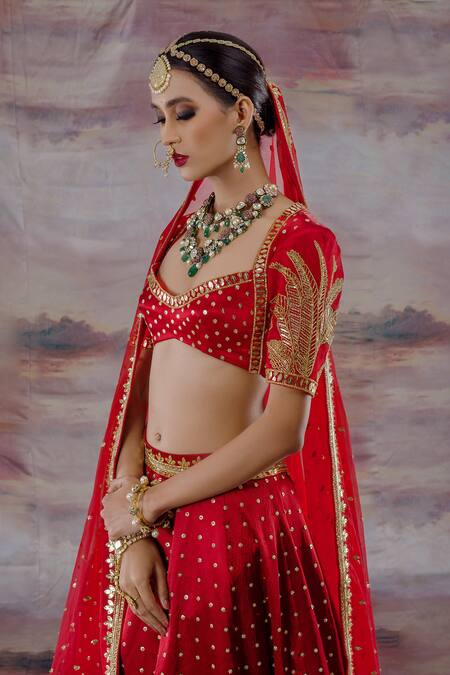 Shop_Payal & Zinal_Red Net, Gajji Silk Jungle V Neck Embroidered Bridal Lehenga Set _Online_at_Aza_Fashions