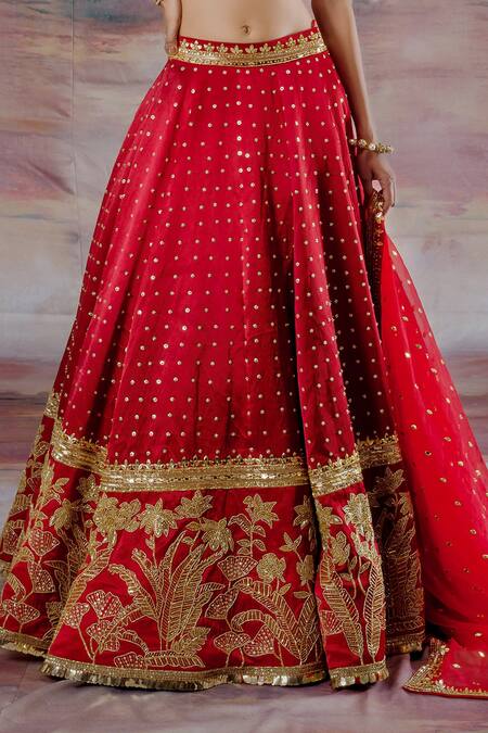 Payal & Zinal_Red Net, Gajji Silk Jungle V Neck Embroidered Bridal Lehenga Set _at_Aza_Fashions