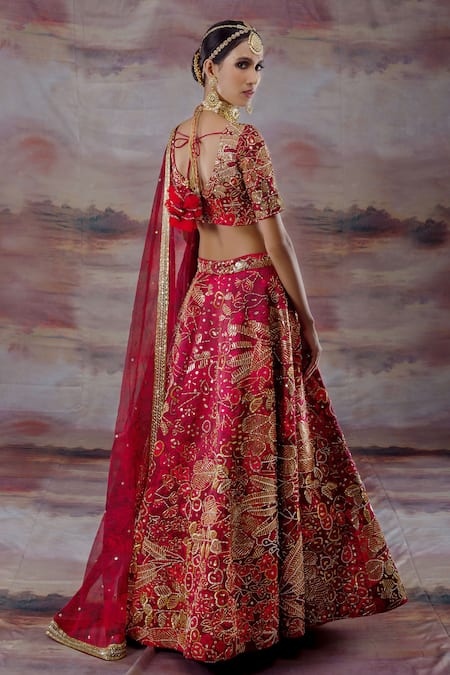 Shop_Payal & Zinal_Red Organza Jungle Leaf Neck Embroidered Bridal Lehenga Set _at_Aza_Fashions