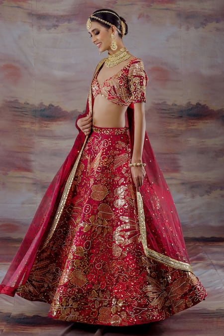 Payal & Zinal_Red Organza Jungle Leaf Neck Embroidered Bridal Lehenga Set _Online_at_Aza_Fashions