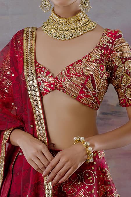 Buy Payal & Zinal Red Organza Jungle Leaf Neck Embroidered Bridal Lehenga Set Online at Aza Fashions Buy_Payal & Zinal_Red Organza Jungle Leaf Neck Embroidered Bridal Lehenga Set _Online_at_Aza_Fashions