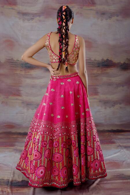 Shop_Payal & Zinal_Pink Thick Satin Abstract, Floral V Neck Embroidered Lehenga Set _at_Aza_Fashions