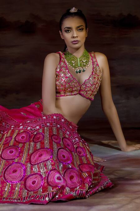 Payal & Zinal_Pink Thick Satin Abstract, Floral V Neck Embroidered Lehenga Set _Online_at_Aza_Fashions