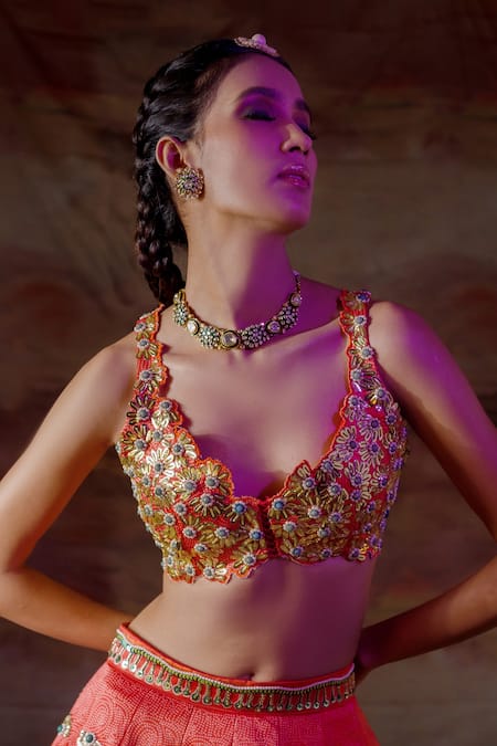 Buy_Payal & Zinal_Pink Thick Satin Abstract, Floral V Neck Embroidered Lehenga Set _Online_at_Aza_Fashions