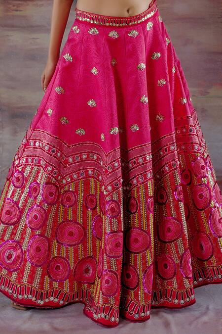 Shop_Payal & Zinal_Pink Thick Satin Abstract, Floral V Neck Embroidered Lehenga Set _Online_at_Aza_Fashions