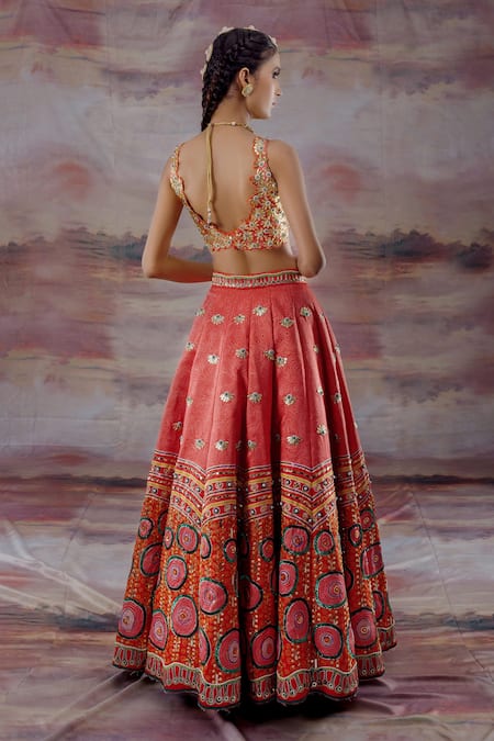 Shop_Payal & Zinal_Orange Thick Satin Abstract, Floral V Neck Embroidered Lehenga Set _at_Aza_Fashions