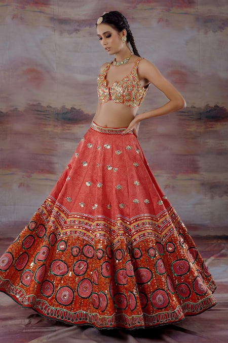 Payal & Zinal_Orange Thick Satin Abstract, Floral V Neck Embroidered Lehenga Set _Online_at_Aza_Fashions