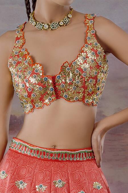 Buy Payal & Zinal Orange Thick Satin Abstract, Floral V Neck Embroidered Lehenga Set Online at Aza Fashions Buy_Payal & Zinal_Orange Thick Satin Abstract, Floral V Neck Embroidered Lehenga Set _Online_at_Aza_Fashions