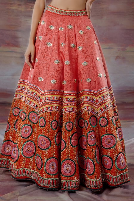 Shop Payal & Zinal Orange Thick Satin Abstract, Floral V Neck Embroidered Lehenga Set Online at Aza Fashions Shop_Payal & Zinal_Orange Thick Satin Abstract, Floral V Neck Embroidered Lehenga Set _Online_at_Aza_Fashions