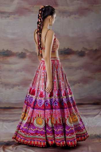 Payal & Zinal_Multi Color Thick Satin Abstract V Neck Embroidered Lehenga Set _Online_at_Aza_Fashions