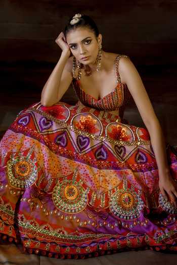 Buy_Payal & Zinal_Multi Color Thick Satin Abstract V Neck Embroidered Lehenga Set _Online_at_Aza_Fashions
