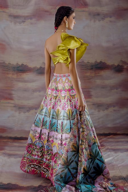 Shop_Payal & Zinal_Multi Color Organza, Gajji Silk, Thick Satin Tropical Print Lehenga Set _at_Aza_Fashions