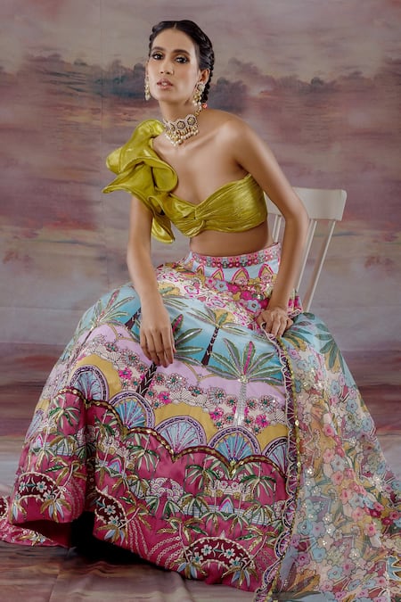 Payal & Zinal_Multi Color Organza, Gajji Silk, Thick Satin Tropical Print Lehenga Set _Online_at_Aza_Fashions