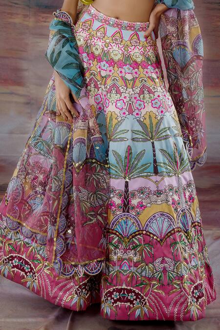 Shop Payal & Zinal Multi Color Organza, Gajji Silk, Thick Satin Tropical Print Lehenga Set Online at Aza Fashions Shop_Payal & Zinal_Multi Color Organza, Gajji Silk, Thick Satin Tropical Print Lehenga Set _Online_at_Aza_Fashions