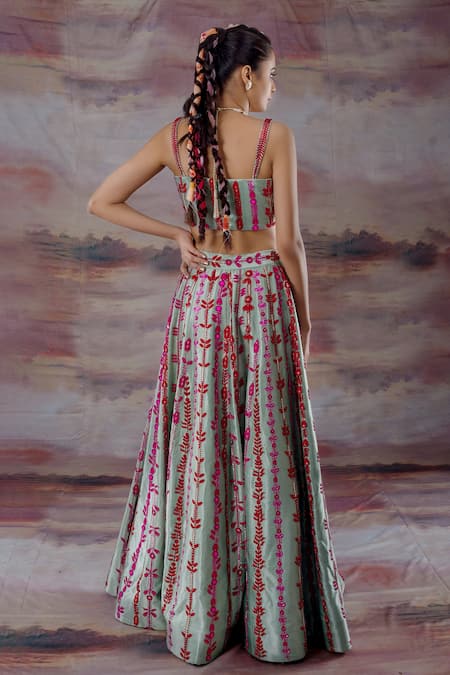 Shop_Payal & Zinal_Green Gajji Silk Notched Lehenga Set _at_Aza_Fashions