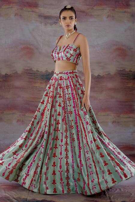 Payal & Zinal_Green Gajji Silk Notched Lehenga Set _Online_at_Aza_Fashions