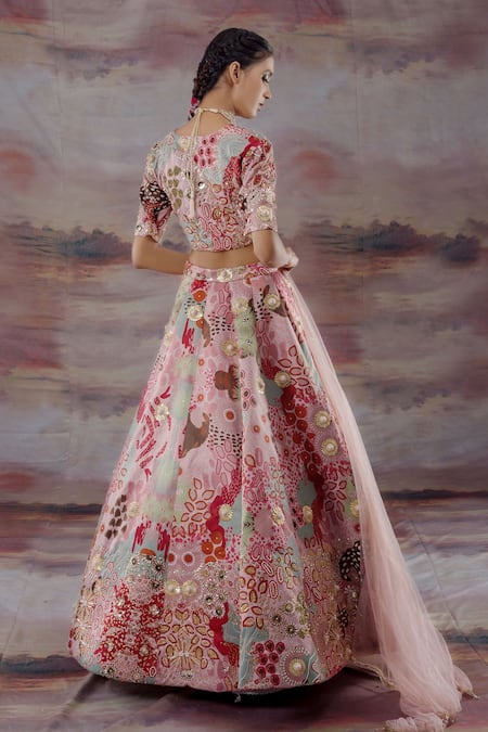 Shop_Payal & Zinal_Pink Net, Thick Satin Ocean V Neck Print Bridal Lehenga Set _at_Aza_Fashions