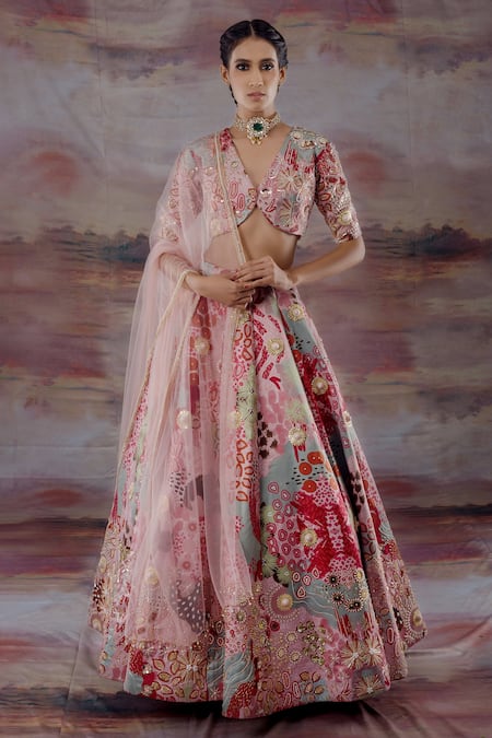 Payal & Zinal_Pink Net, Thick Satin Ocean V Neck Print Bridal Lehenga Set _Online_at_Aza_Fashions