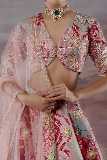 Buy Payal & Zinal Pink Net, Thick Satin Ocean V Neck Print Bridal Lehenga Set Online at Aza Fashions Buy_Payal & Zinal_Pink Net, Thick Satin Ocean V Neck Print Bridal Lehenga Set _Online_at_Aza_Fashions