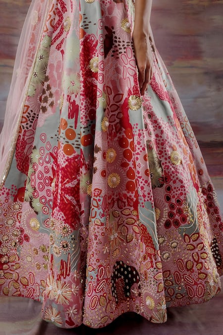 Shop_Payal & Zinal_Pink Net, Thick Satin Ocean V Neck Print Bridal Lehenga Set _Online_at_Aza_Fashions