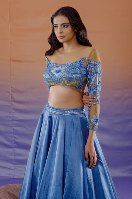 Buy_Payal & Zinal_Blue Net, Gajji Silk Lotus, Cloud And Rain Embroidery Boat Lehenga Set _Online_at_Aza_Fashions