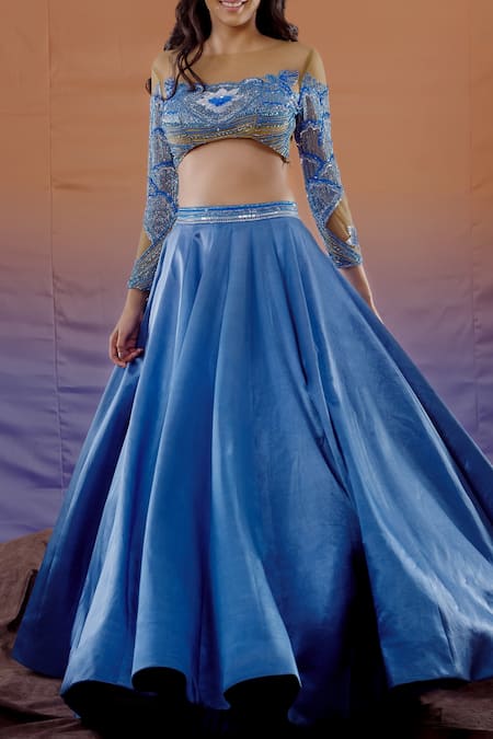 Shop_Payal & Zinal_Blue Net, Gajji Silk Lotus, Cloud And Rain Embroidery Boat Lehenga Set _Online_at_Aza_Fashions