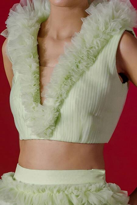 Buy Payal & Zinal Green Net V Neck Ruffle Lehenga Set Online at Aza Fashions Buy_Payal & Zinal_Green Net V Neck Ruffle Lehenga Set _Online_at_Aza_Fashions