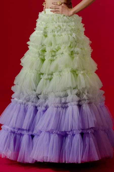 Shop_Payal & Zinal_Green Net V Neck Ruffle Lehenga Set _Online_at_Aza_Fashions