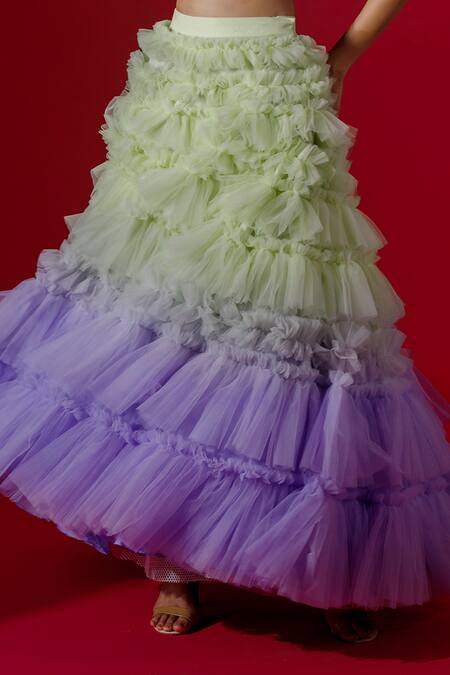 Payal & Zinal Green Net V Neck Ruffle Lehenga Set at Aza Fashions Payal & Zinal_Green Net V Neck Ruffle Lehenga Set _at_Aza_Fashions