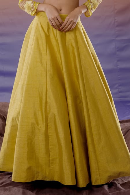 Buy_Payal & Zinal_Yellow Flat Silk Embroidered Lotus Boat Lehenga Set _Online_at_Aza_Fashions
