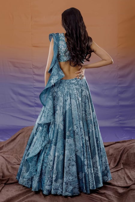 Shop_Payal & Zinal_Blue Georgette, Spun Satin Jungle V Neck Print Lehenga Set _at_Aza_Fashions