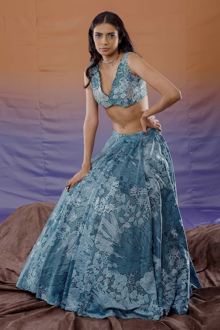 Payal & Zinal_Blue Georgette, Spun Satin Jungle V Neck Print Lehenga Set _Online_at_Aza_Fashions