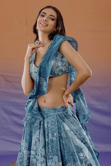 Buy_Payal & Zinal_Blue Georgette, Spun Satin Jungle V Neck Print Lehenga Set _Online_at_Aza_Fashions