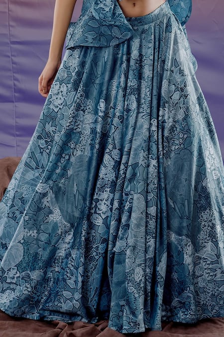 Payal & Zinal_Blue Georgette, Spun Satin Jungle V Neck Print Lehenga Set _at_Aza_Fashions