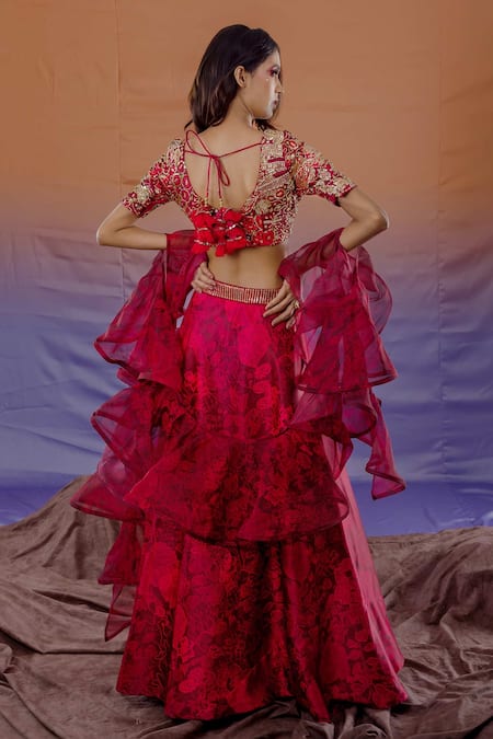 Shop_Payal & Zinal_Red Organza, Thick Satin Jungle V Neck Print Lehenga Set _at_Aza_Fashions