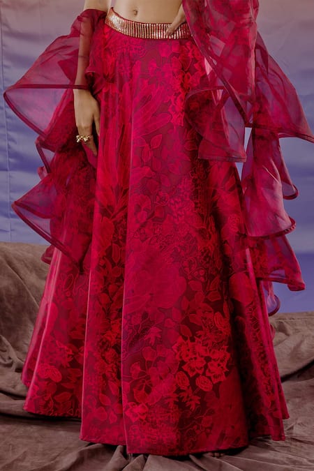 Shop Payal & Zinal Red Organza, Thick Satin Jungle V Neck Print Lehenga Set Online at Aza Fashions Shop_Payal & Zinal_Red Organza, Thick Satin Jungle V Neck Print Lehenga Set _Online_at_Aza_Fashions