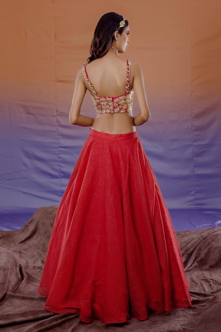 Shop_Payal & Zinal_Orange Chanderi Abstract, Floral Scoop Neck Print Lehenga Set _at_Aza_Fashions