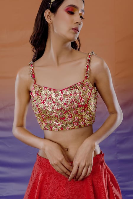 Payal & Zinal_Orange Chanderi Abstract, Floral Scoop Neck Print Lehenga Set _Online_at_Aza_Fashions